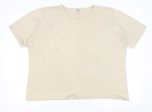 Damart Womens Beige Round Neck Floral Cotton Pullover Jumper Size 20