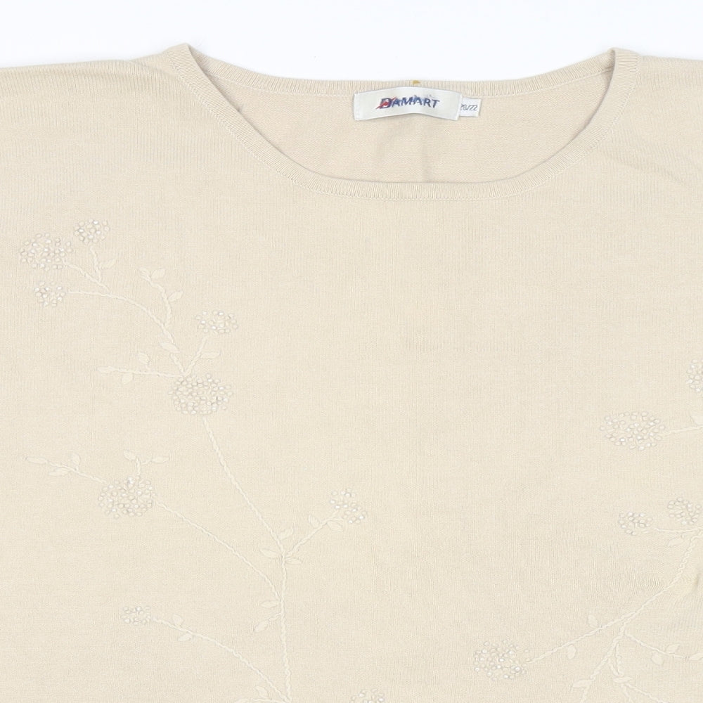 Damart Womens Beige Round Neck Floral Cotton Pullover Jumper Size 20