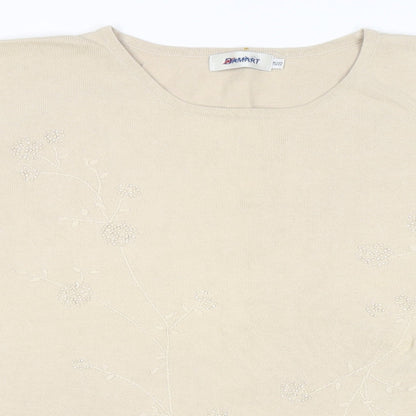 Damart Womens Beige Round Neck Floral Cotton Pullover Jumper Size 20