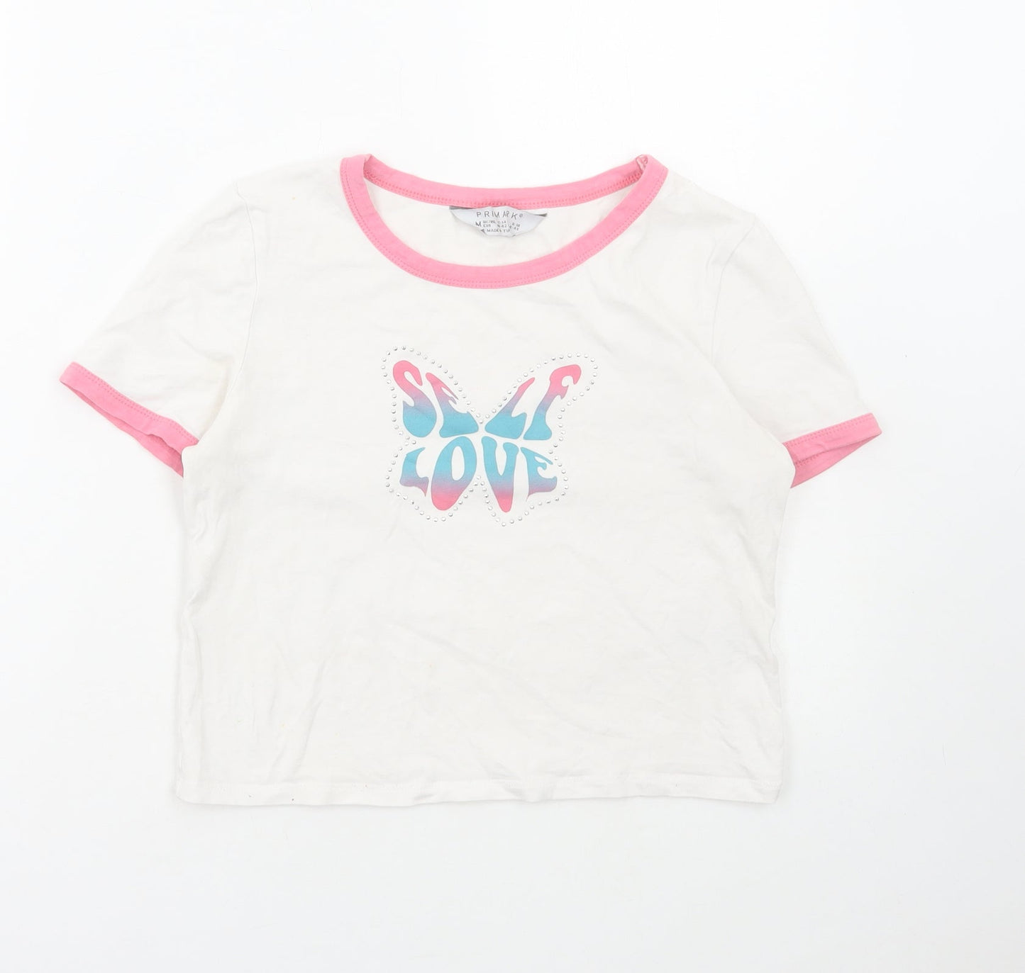Primark Womens White Cotton Cropped T-Shirt Size M Round Neck - Self Love