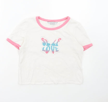 Primark Womens White Cotton Cropped T-Shirt Size M Round Neck - Self Love