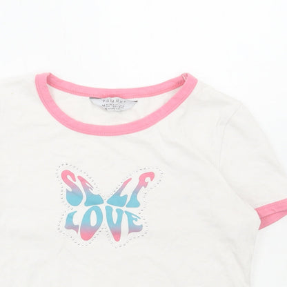 Primark Womens White Cotton Cropped T-Shirt Size M Round Neck - Self Love