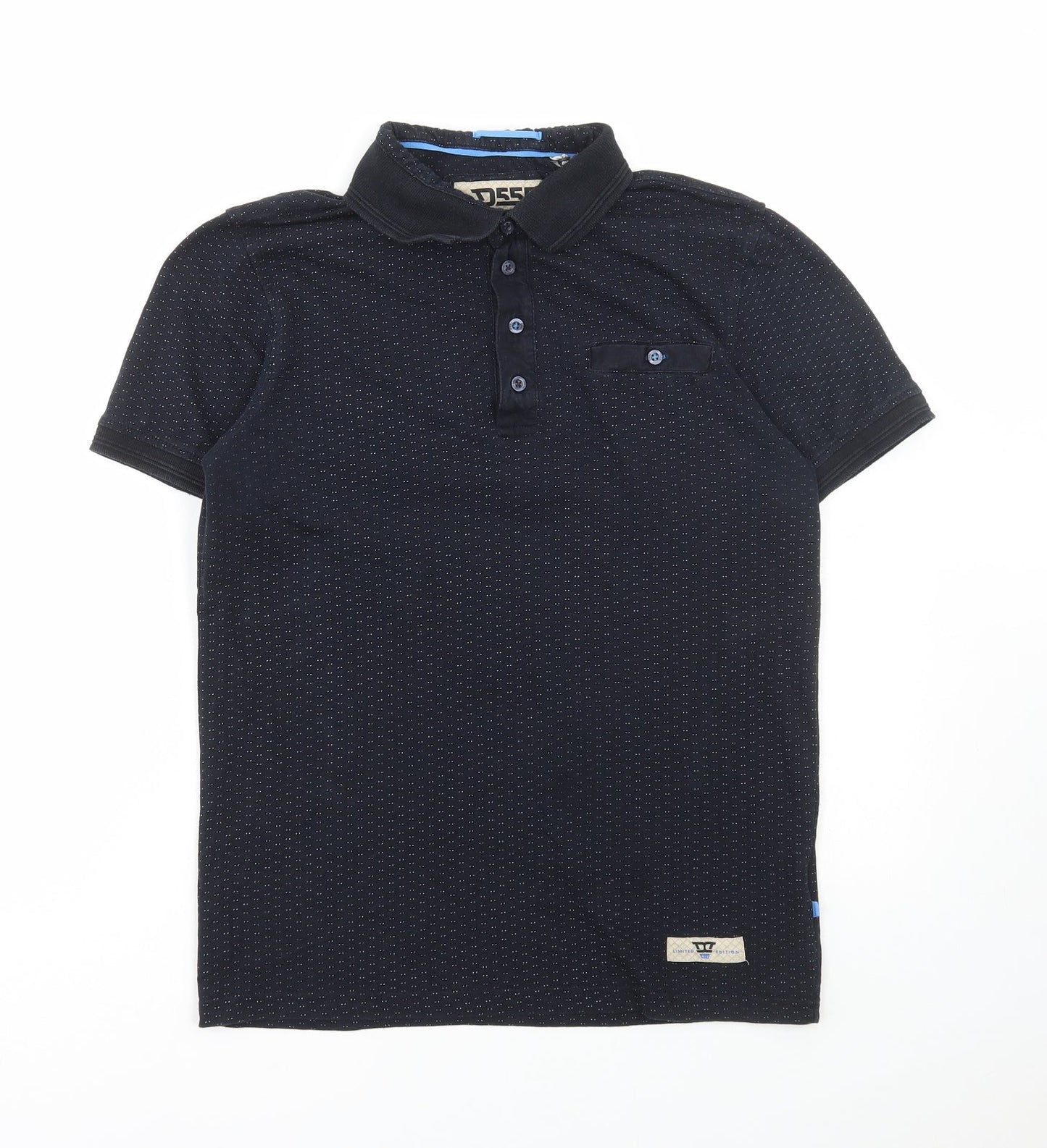 D555 Mens Black Polka Dot Cotton Polo Size S Collared Button