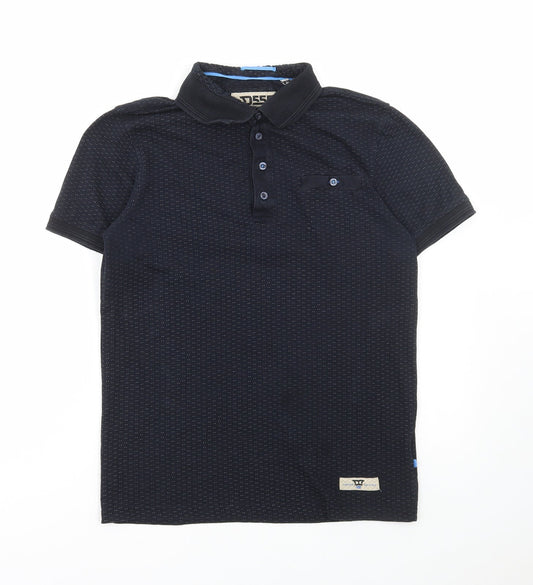 D555 Mens Black Polka Dot Cotton Polo Size S Collared Button