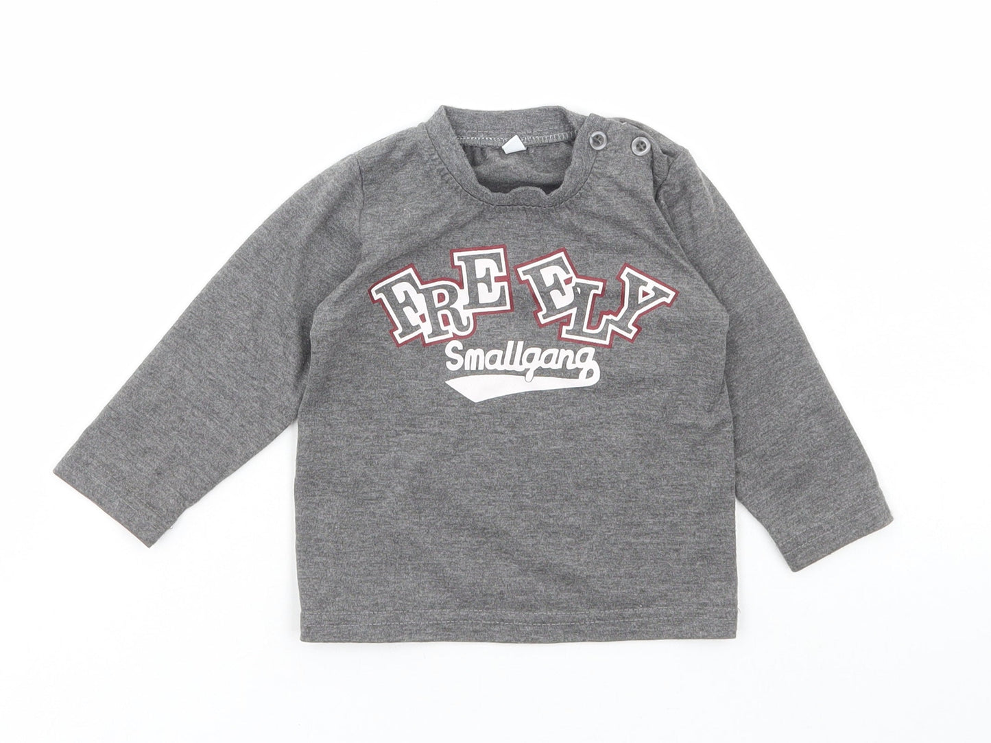 Preworn Boys Grey Cotton Basic T-Shirt Size 12 Months Round Neck Button - Small gang