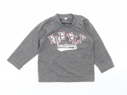 Preworn Boys Grey Cotton Basic T-Shirt Size 12 Months Round Neck Button - Small gang