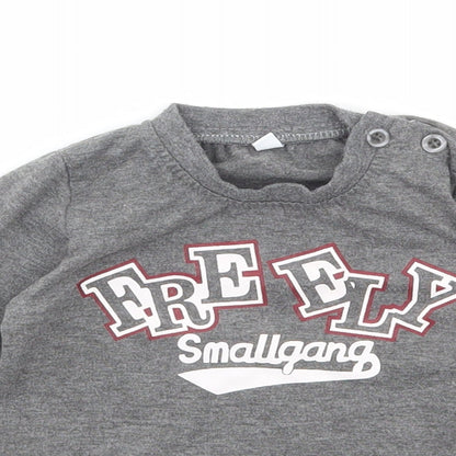 Preworn Boys Grey Cotton Basic T-Shirt Size 12 Months Round Neck Button - Small gang