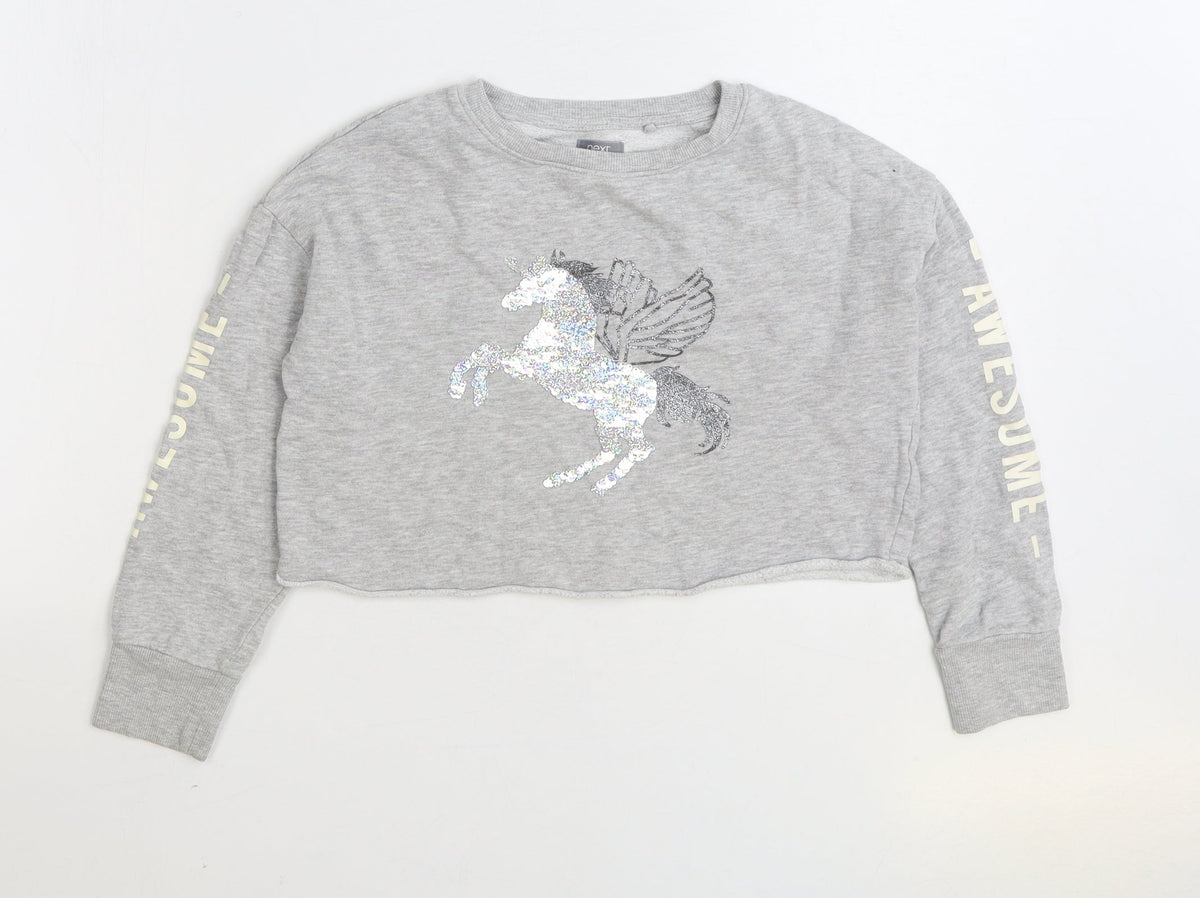 NEXT Girls Grey Cotton Pullover Sweatshirt Size 8 Years Pullover - Unicorn Cropped