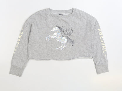 NEXT Girls Grey Cotton Pullover Sweatshirt Size 8 Years Pullover - Unicorn Cropped