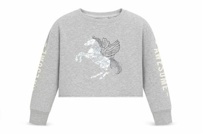 NEXT Girls Grey Cotton Pullover Sweatshirt Size 8 Years Pullover - Unicorn Cropped