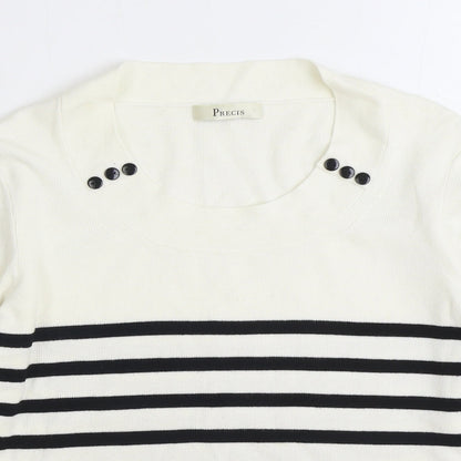 Precis Womens White Round Neck Striped Nylon Pullover Jumper Size M