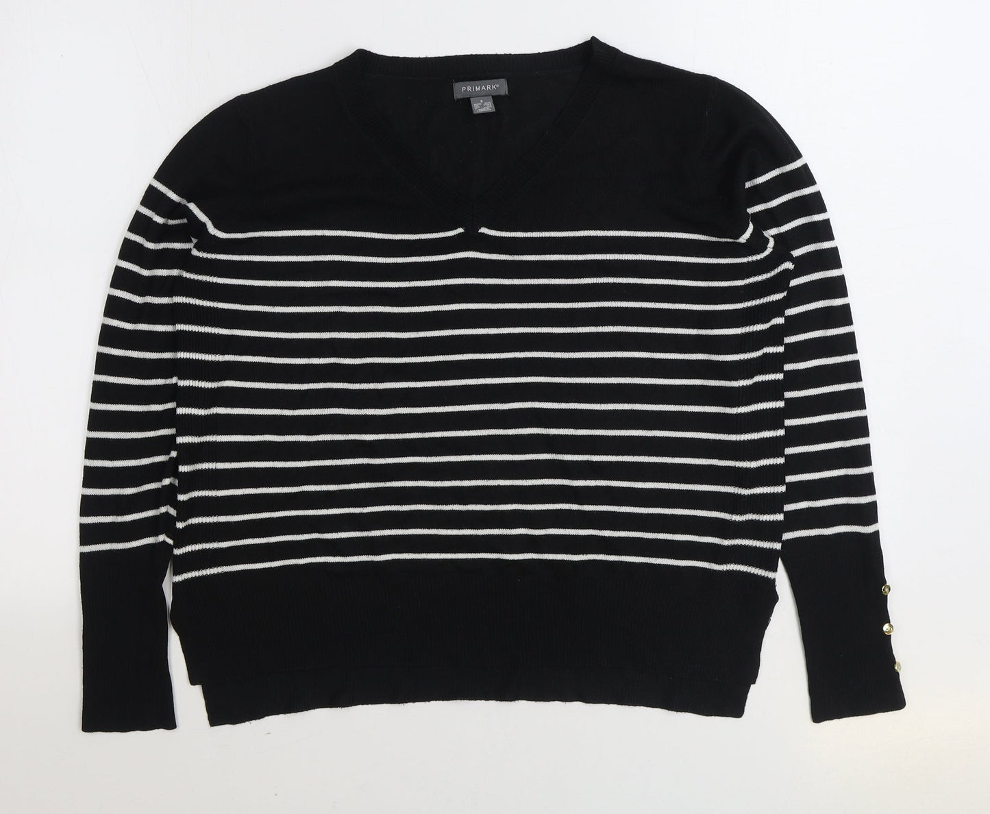 Primark Womens Black V-Neck Striped Acrylic Pullover Jumper Size S