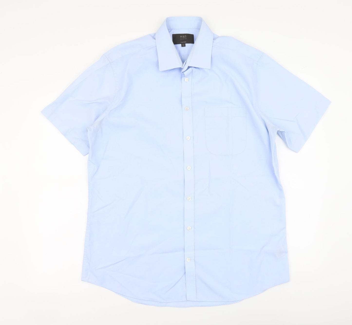Mens UK Size 16 Marks and Spencer Blue  Button-Up Short Sleeve Casual Shirt