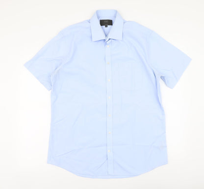 Mens UK Size 16 Marks and Spencer Blue  Button-Up Short Sleeve Casual Shirt