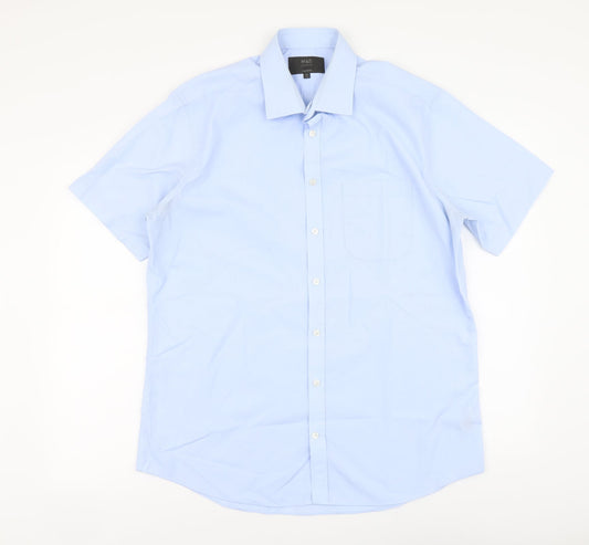 Mens UK Size 16 Marks and Spencer Blue  Button-Up Short Sleeve Casual Shirt