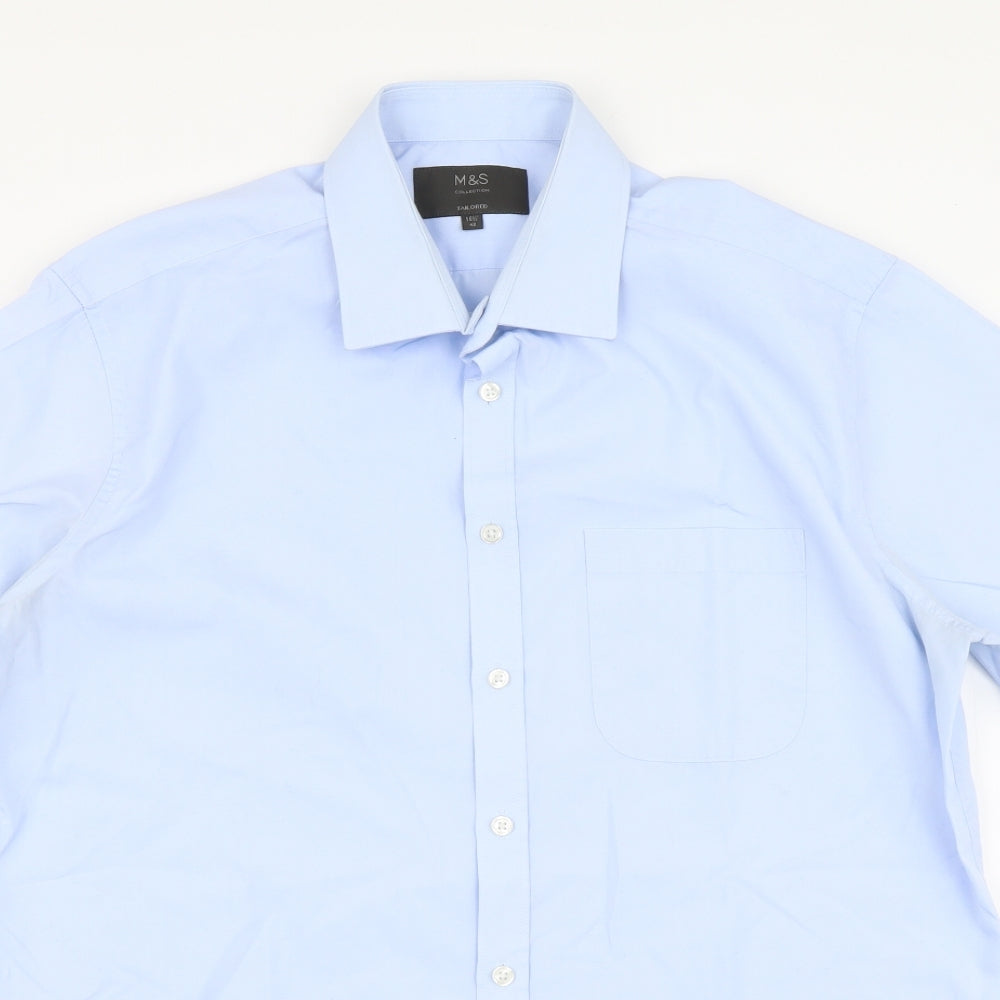 Mens UK Size 16 Marks and Spencer Blue  Button-Up Short Sleeve Casual Shirt