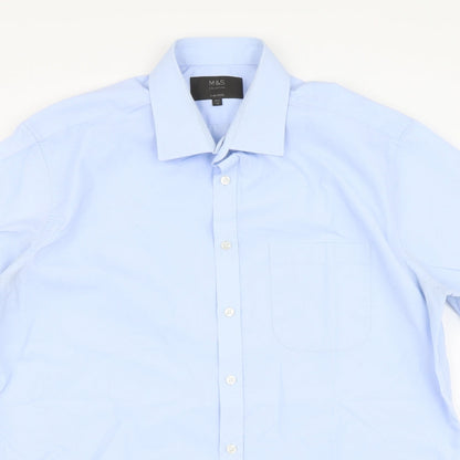 Mens UK Size 16 Marks and Spencer Blue  Button-Up Short Sleeve Casual Shirt