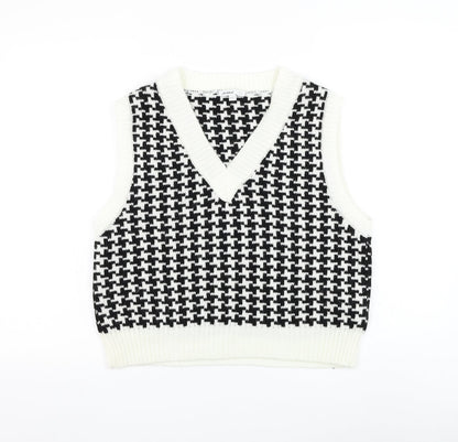 Subdued Womens Black V-Neck Geometric Acrylic Vest Jumper One Size
