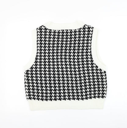 Subdued Womens Black V-Neck Geometric Acrylic Vest Jumper One Size