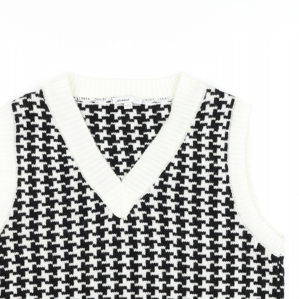 Subdued Womens Black V-Neck Geometric Acrylic Vest Jumper One Size