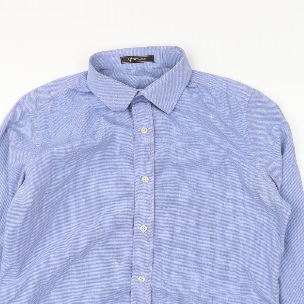 Yaly Couture Mens Blue Polyester Button-Up Size M Collared Button