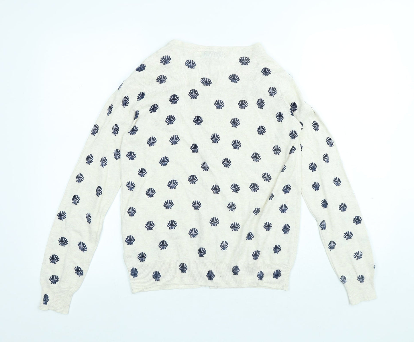 Atmosphere Womens White Round Neck Geometric Cotton Cardigan Jumper Size 10 - Shell pattern