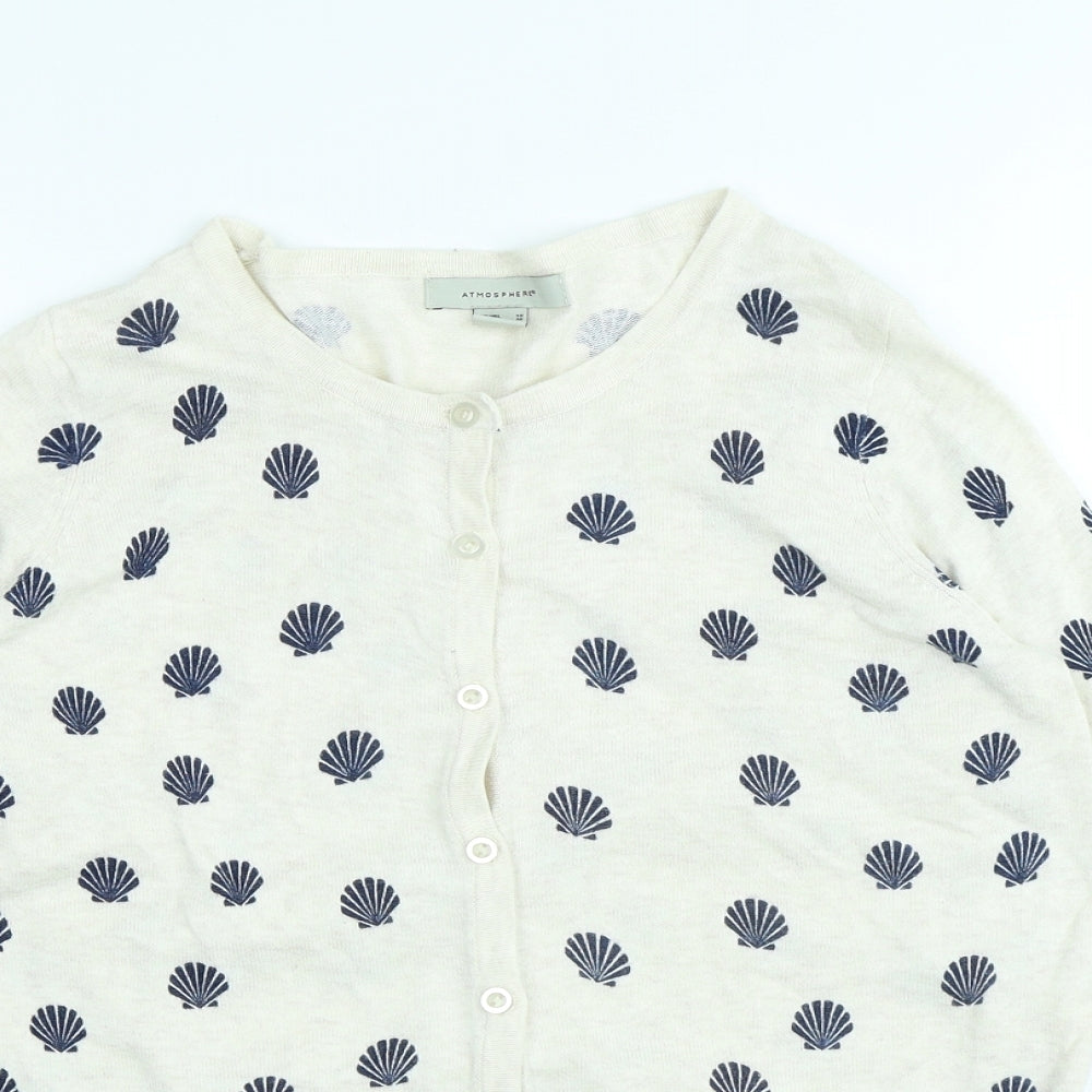 Atmosphere Womens White Round Neck Geometric Cotton Cardigan Jumper Size 10 - Shell pattern