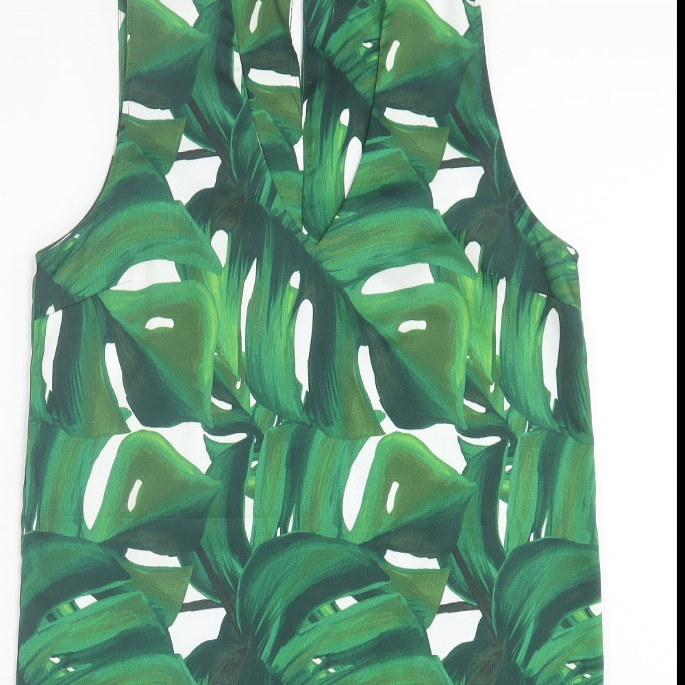 Dorothy Perkins Womens Green Geometric Polyester A-Line Size 12 V-Neck Button