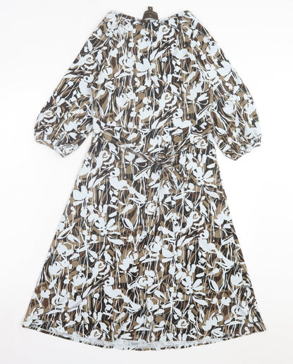 Fenn Wright Manson Womens Brown Geometric Viscose Fit & Flare Size 8 Scoop Neck Pullover