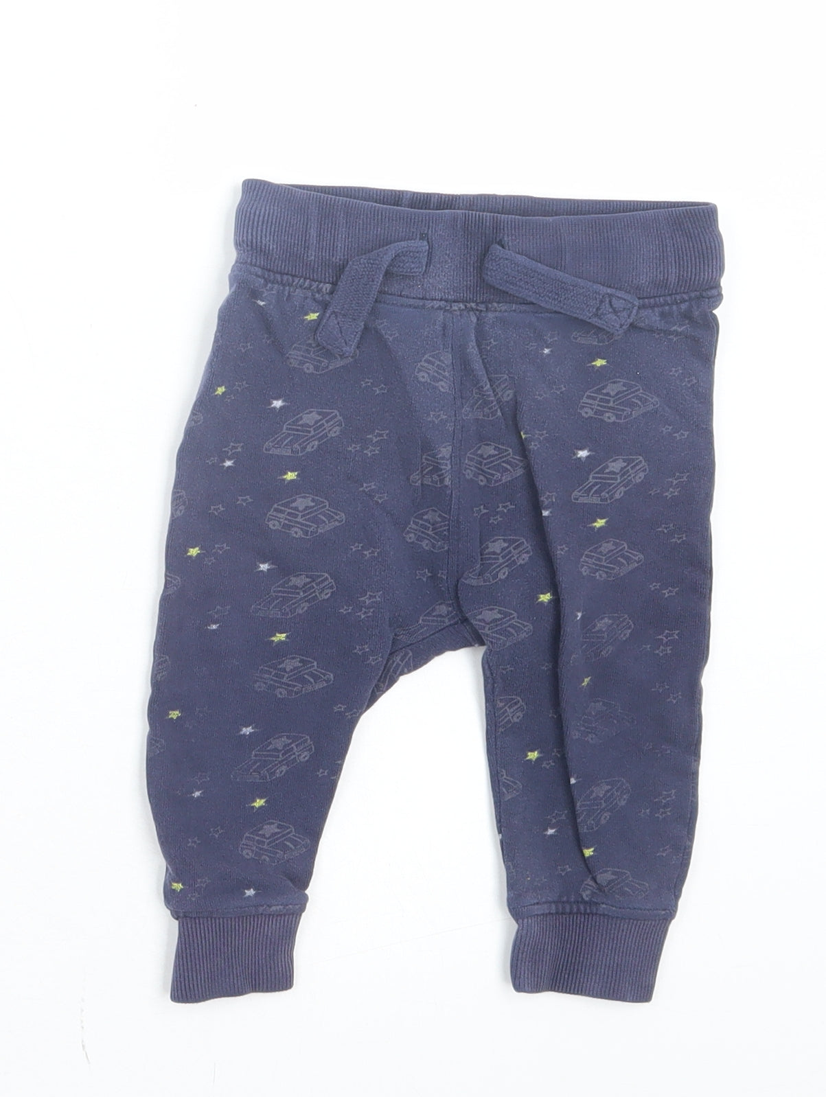 NEXT Boys Blue Geometric Cotton Jogger Trousers Size 9-12 Months Drawstring - Stars & Cars