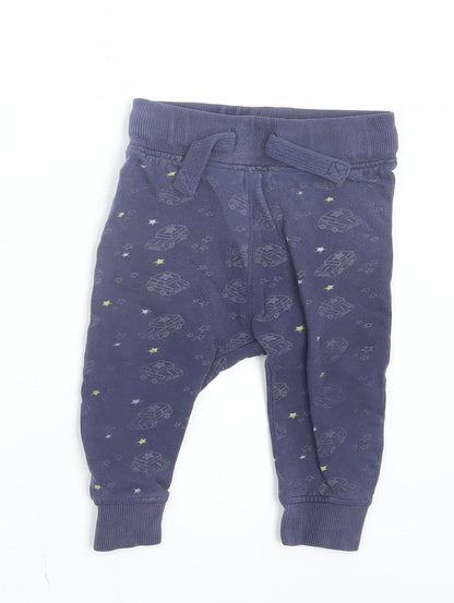 NEXT Boys Blue Geometric Cotton Jogger Trousers Size 9-12 Months Drawstring - Stars & Cars