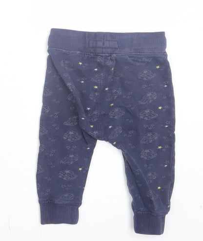 NEXT Boys Blue Geometric Cotton Jogger Trousers Size 9-12 Months Drawstring - Stars & Cars
