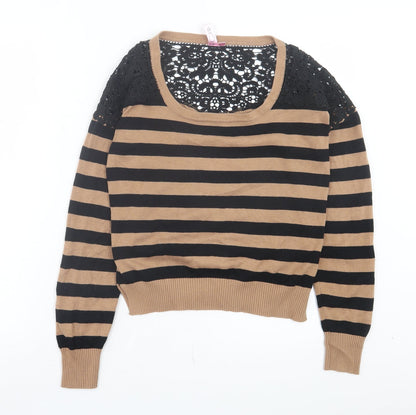 Dolled Up Womens Brown Scoop Neck Striped Cotton Pullover Jumper Size L
