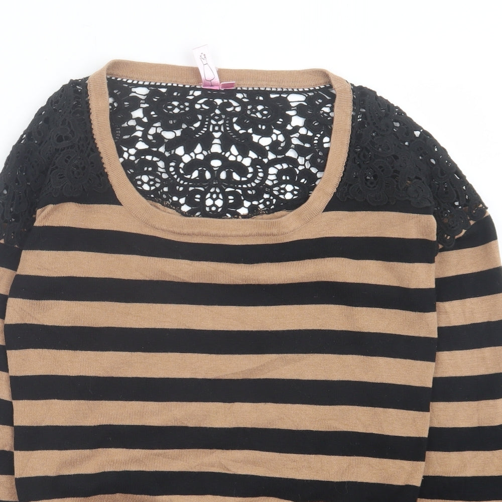 Dolled Up Womens Brown Scoop Neck Striped Cotton Pullover Jumper Size L