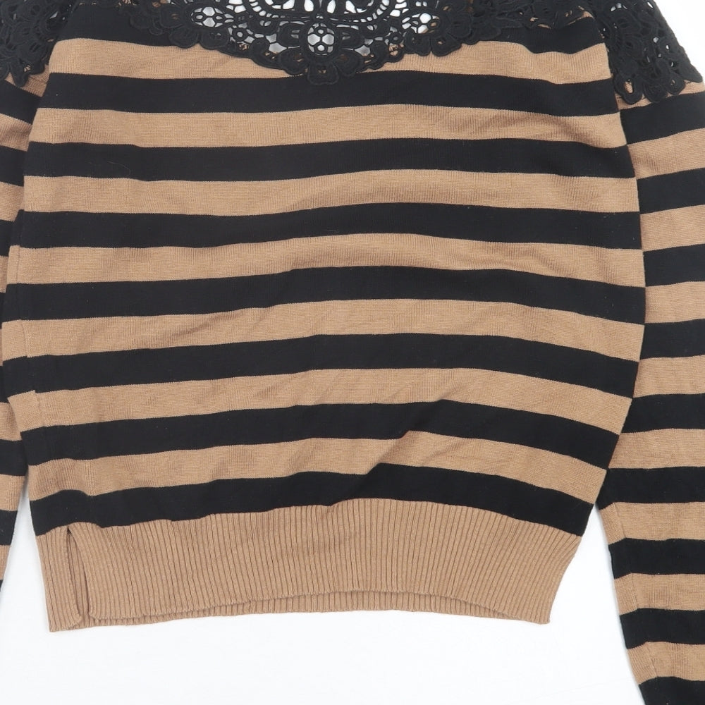 Dolled Up Womens Brown Scoop Neck Striped Cotton Pullover Jumper Size L