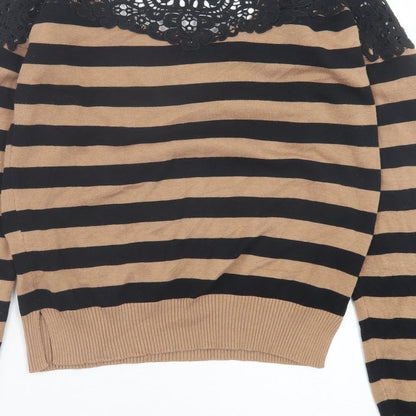 Dolled Up Womens Brown Scoop Neck Striped Cotton Pullover Jumper Size L