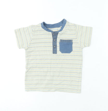 Preworn Boys Multicoloured Striped 100% Cotton Pullover T-Shirt Size 12-18 Months Round Neck Button