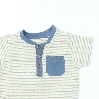 Preworn Boys Multicoloured Striped 100% Cotton Pullover T-Shirt Size 12-18 Months Round Neck Button