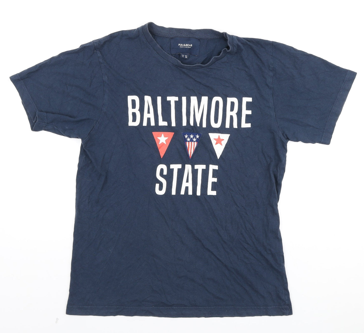 Pull&Bear Mens Blue Cotton T-Shirt Size M Round Neck - Baltimore State