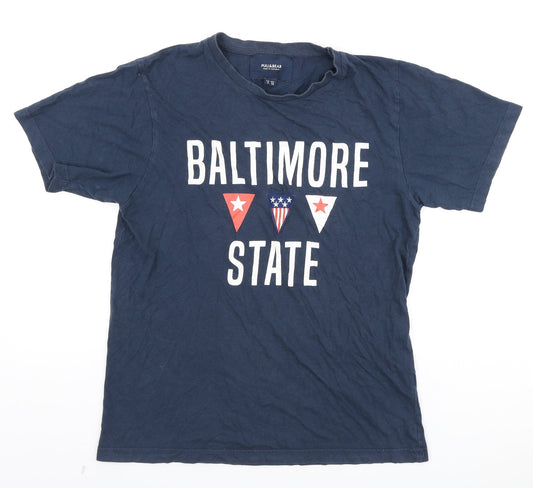 Pull&Bear Mens Blue Cotton T-Shirt Size M Round Neck - Baltimore State