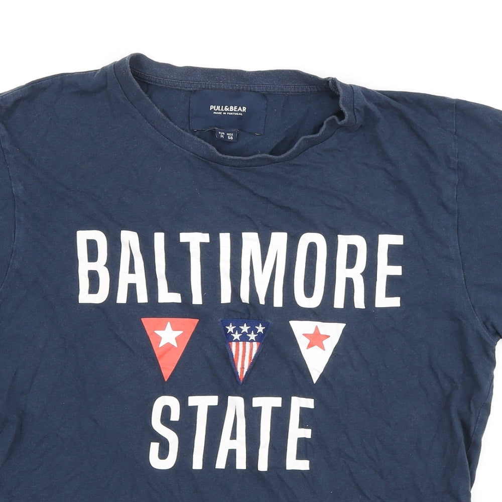 Pull&Bear Mens Blue Cotton T-Shirt Size M Round Neck - Baltimore State