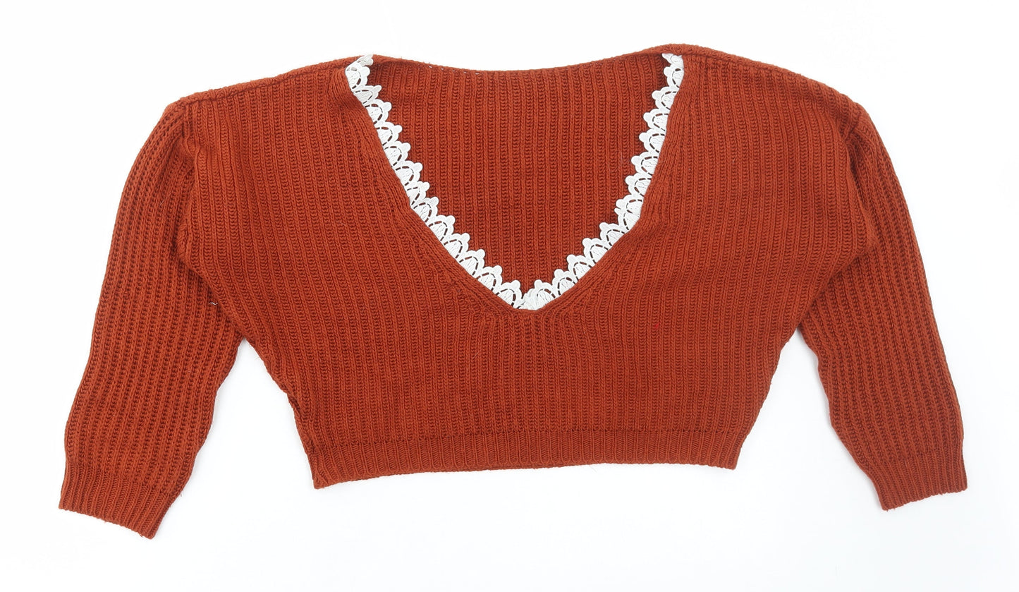Boohoo Womens Orange Round Neck Acrylic Pullover Jumper Size S - Low back Lace Trim