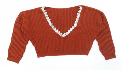 Boohoo Womens Orange Round Neck Acrylic Pullover Jumper Size S - Low back Lace Trim