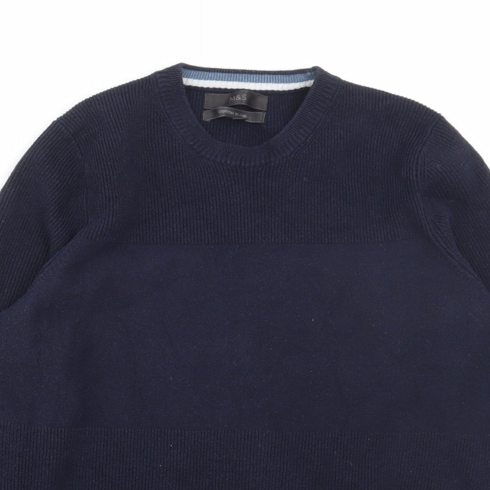 Marks and Spencer Mens Blue Round Neck Polyester Pullover Jumper Size S - Ribbed
