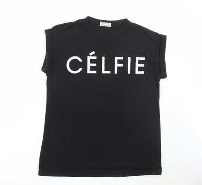 Original Essentials Womens Black Polyester Basic T-Shirt Size S Round Neck - Celfie