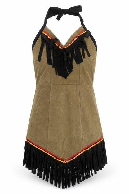 Preworn Womens Brown Polyester Fit & Flare One Size Halter Zip - Native American Fancy Dress