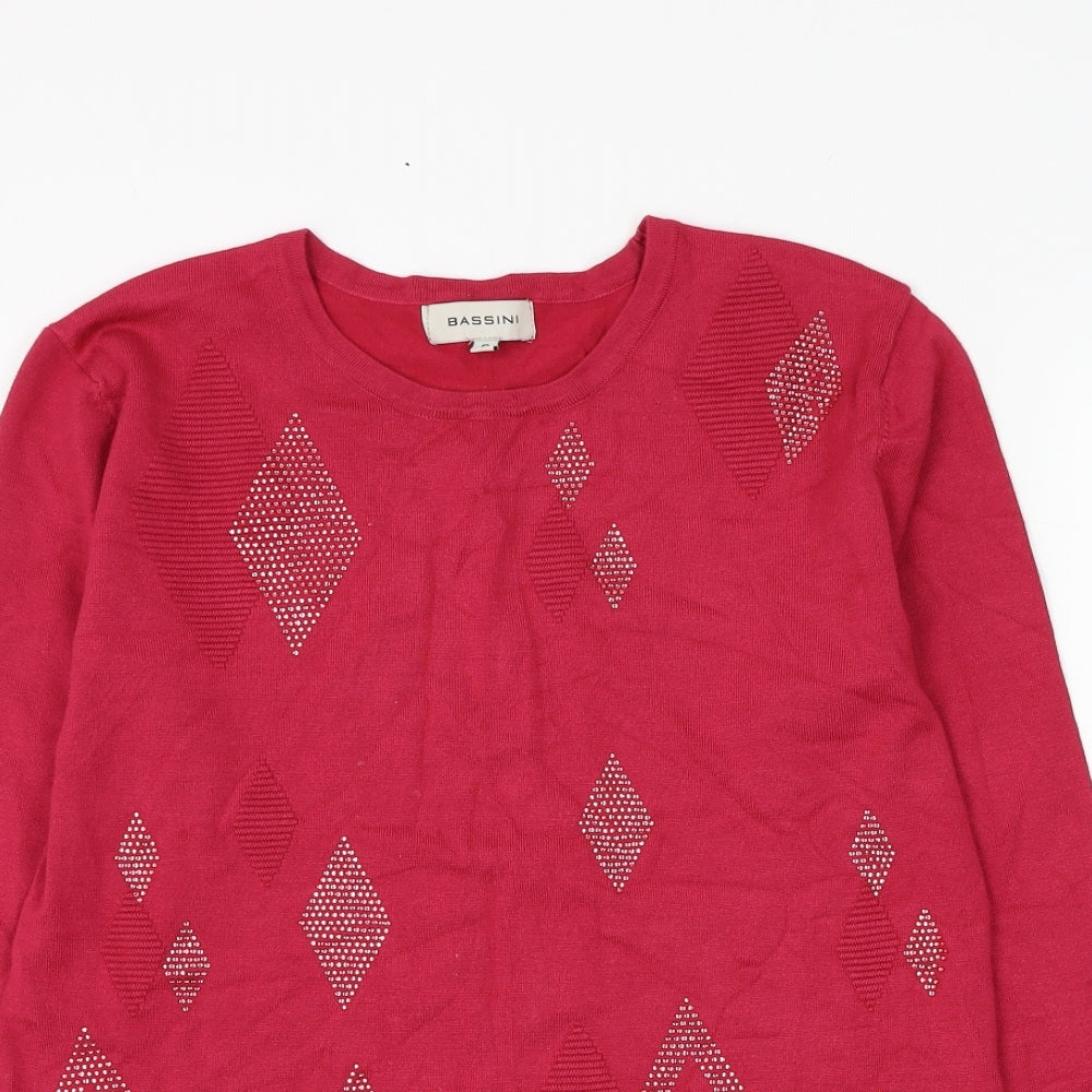 BASSINI Womens Pink Round Neck Argyle/Diamond Viscose Pullover Jumper Size S