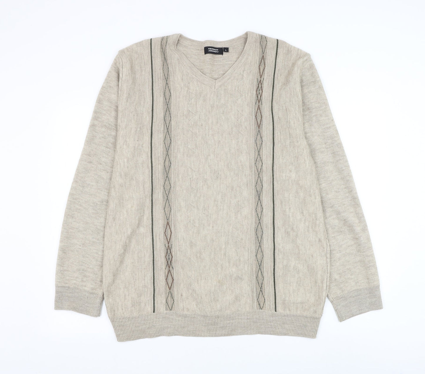 Armando Mens Brown V-Neck Geometric Acrylic Pullover Jumper Size L