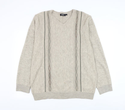 Armando Mens Brown V-Neck Geometric Acrylic Pullover Jumper Size L