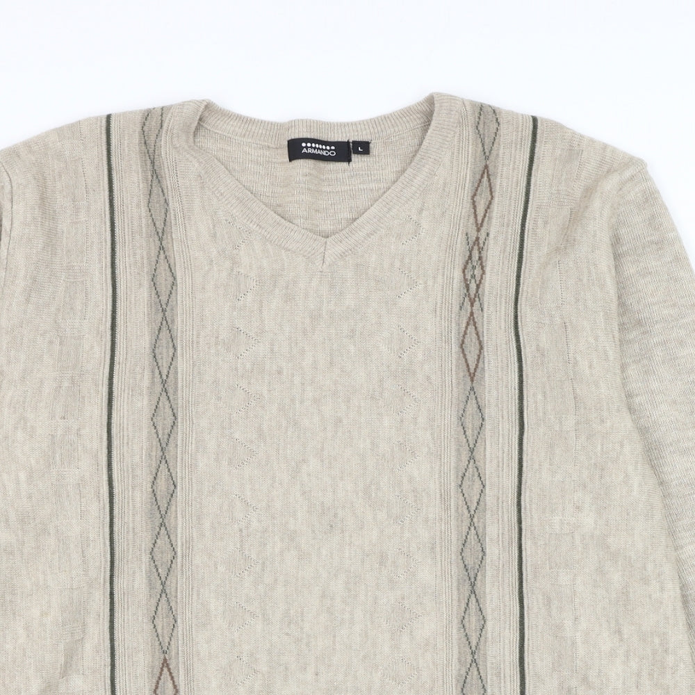 Armando Mens Brown V-Neck Geometric Acrylic Pullover Jumper Size L